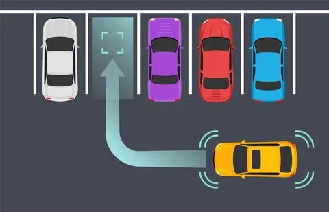 Parking smart car sensor autonomous view. Automobile park assist drive safety Ilustración de archivo