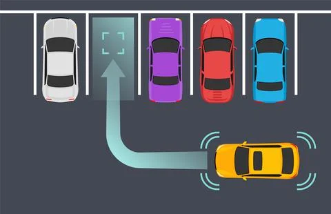 Parking smart car sensor autonomous view. Automobile park assist drive safety Ilustración de archivo