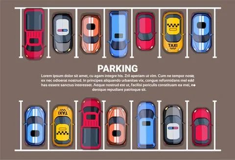 Parking Space Top View With Set Of Colorful Cars, Park Zone Background Stock Illustration