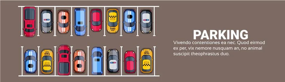 Parking Space Top View With Set Of Colorful Cars, Park Zone Horizontal Banner Ilustração Stock
