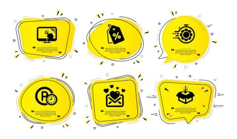 Parking time, Seo timer and Love mail icons set. Discount tags, Touch screen and Stock Illustration
