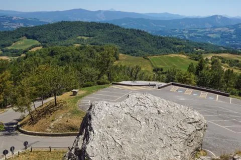 Parking in the valley in the mountains. Stock Photos