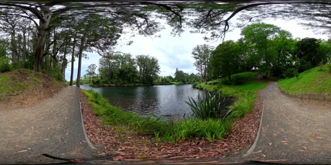 Parkland Pathway with Lake and Trees - VR360 360 Panoramic, NZ Stock Footage 331552753