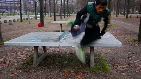 Parkour, Jump Two Ping Pong Tables Stock Footage 44978346