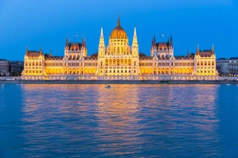Parliament Building along river Danube at night Stock Photos