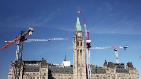 Parliament building, Centre Block under restoration with cranes in Ottawa Stock Footage 319351153