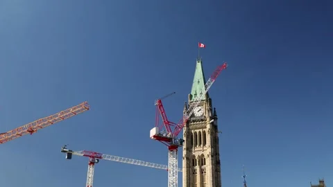 Parliament building, Centre Block under renovation with cranes in Ottawa, Canada Stock Footage 327414460