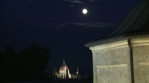 Parliament Building (Close Up) And Full Moon in Budapest Stock Footage 46010604