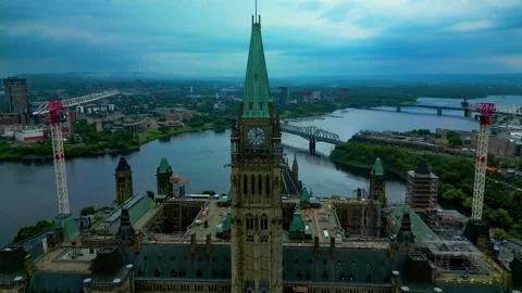 Parliament Hill drone flight towards the clock tower overlooking Ottawa river Stock Footage 331172553