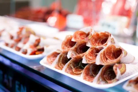 Parma ham or Hamon on display for sale at the Boqueria market in Barcelona Stock Photos