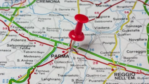 Parma pinned on a map of Italy Stock Footage 177376421