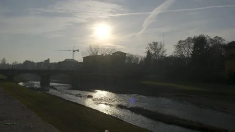 Parma river bridge height of ducal palace and pilotta, at sunset Stock-Footage 135515215