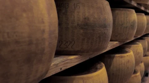 Parmesan lying, ripening on the shelf Stock Footage 89989774