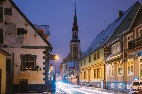 Parnu, Estonia. Night View Of Kuninga Street With Old Houses, Restaurants, Cafe Stock Photos
