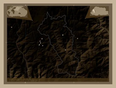 Paro, Bhutan. Elevation map colored in sepia tones with lakes and rivers Stock-Illustration