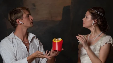 Parody of the old, concept. Cute young couple in 18th and 19th century style, Stock Footage 128569924