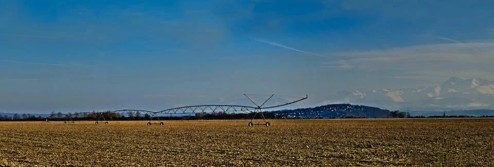 Paronamic view of a corn field in winter with irrigation system 스톡 사진