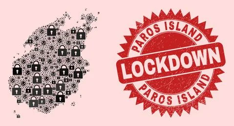 Paros Island Map Collage with Locks and Covid-2019 and Distress Lockdown Seal Illustrazione stock