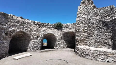 Paros Island,Circle pan inside the ancient ruins of Venetian castle's tower in Stock-Footage 331057374