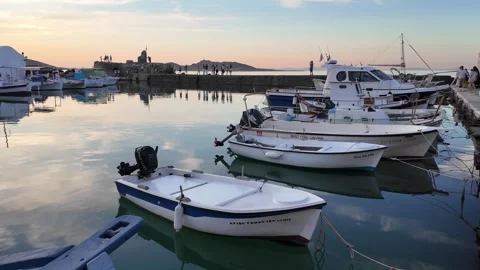 Paros Island,Circular pan left over small harbor with small boats side by side Video stock 331124718