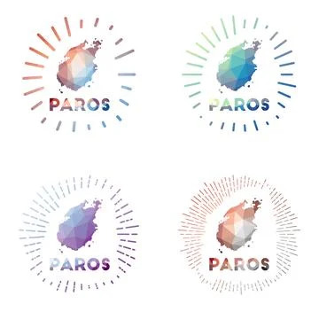 Paros low poly sunburst set. Logo of island in geometric polygonal style. V.. Stock Illustration