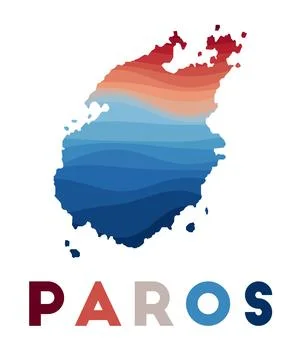 Paros map. Map of the island with beautiful geometric waves in red blue col.. 库存插图