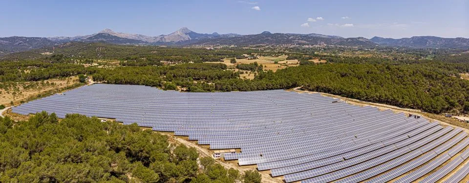 Parque de energa solar fotovoltaica, ses Barraques, Calvi, Mallorca, Balearic Stock Photos