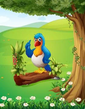 A parrot above the trunk under the tree Stock Illustration