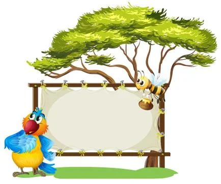 A parrot and a bee near an empty signage Stockillustratie