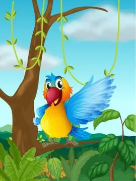 A parrot at a branch of a big tree Stock Illustration