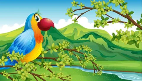 A parrot on a branch of a tree Illustrazione stock