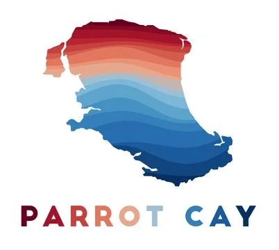 Parrot Cay map. Map of the island with beautiful geometric waves in red blu.. Illustrazione stock
