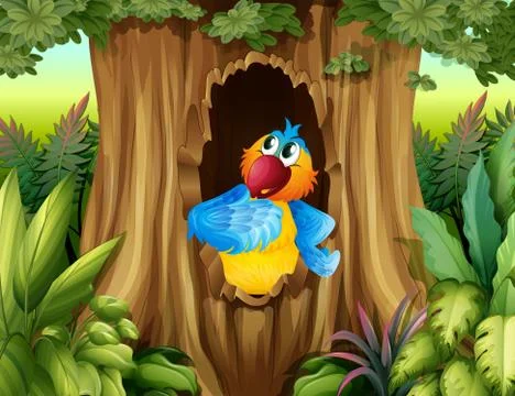 A parrot inside a tree hollow Stock Illustration