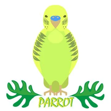 Parrot isolated front view on white. Green bird with jungle tropical leaves Stock Illustration