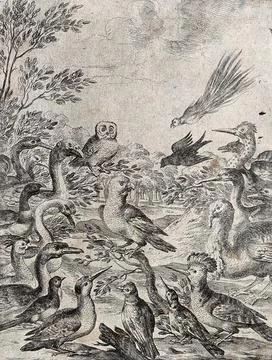 A parrot perched on a branch is surrounded by a large number of birds; illu.. Illustrazione stock