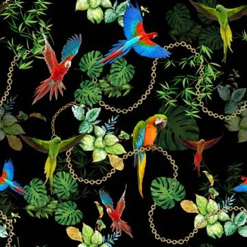 Parrot print pattern with gold chains, leaves on black background.Seamless 스톡 일러스트