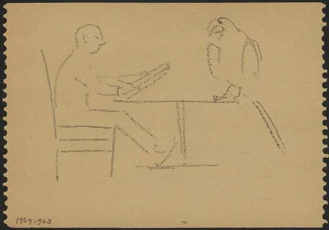 Parrot sitting on a table. There is also a reading man at the table. Copyr... Foto stock