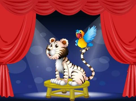 A parrot standing at the tail of a tiger Stock Illustration