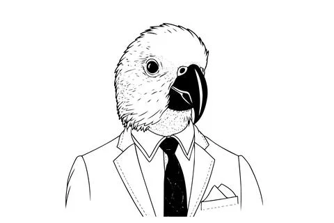 Parrot in tuxedo hand drawn ink sketch. Engraved style vector illustration. Illustrazione stock
