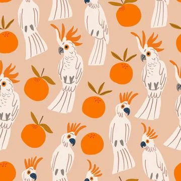 Parrots and oranges pattern on beige background. Tropical pattern. Stock Illustration