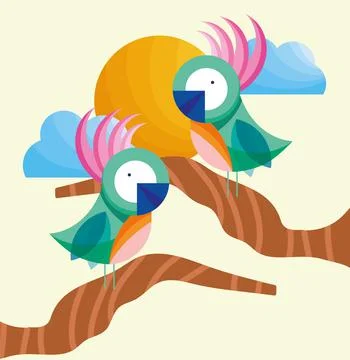 Parrots on branches 库存插图