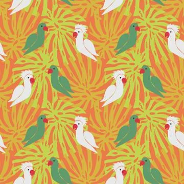 Parrots on orange seamless vector pattern Stockillustratie