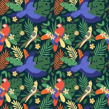 Parrots seamless pattern. Beautiful flowers, tropical leaves and exotic bright Illustrazione stock