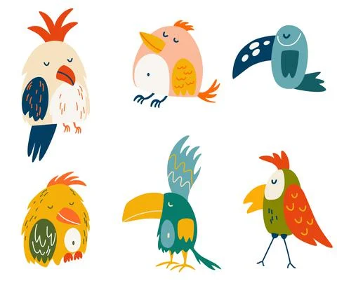 Parrots set. Cartoon cute various parrots. Exotic birds. Great for children c Stock Illustration
