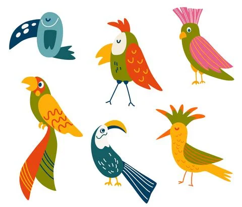 Parrots set. cute cartoon different tropical birds. Bright summer collection  Stock Illustration