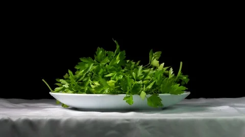 Parsley falling in a plate 2 - Slow Motion Stock Footage 77714942
