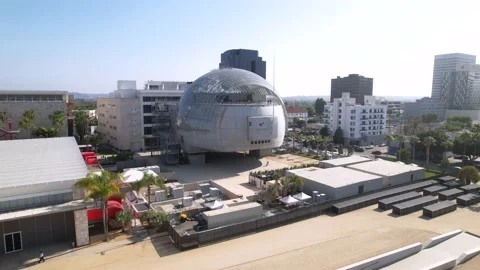 Part 1: Aerial view of the Sphere Building of the Academy Museum in LA Stock Footage 196028229