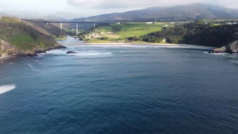 Part 1 - View from the sea to beach Playa de Cueva, Asturias, Spain 4K Video stock 155587868