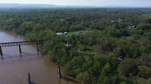 Part 2 of 3 aerial orbit around the James Rumsey Monument in Shepherdstown, WV. Video stock 129643610