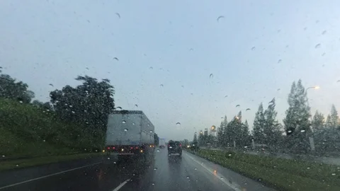 PART 2 Driving Through Trans Java Kanci - Palimanan Toll Road, Heavy Rain Drive Video stock 129479994